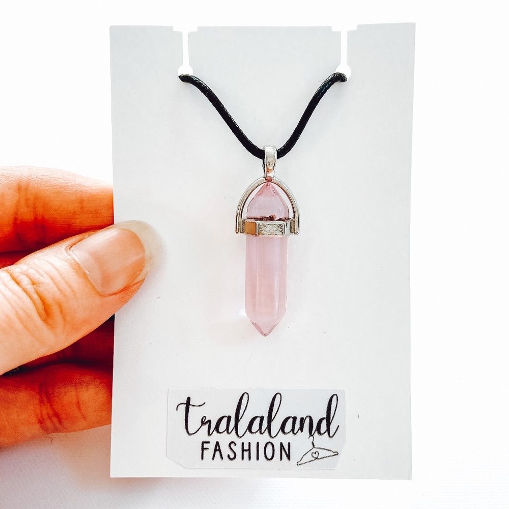 > NEW < Boutique Pink Crystal Black String Adjustable Pendant Necklace